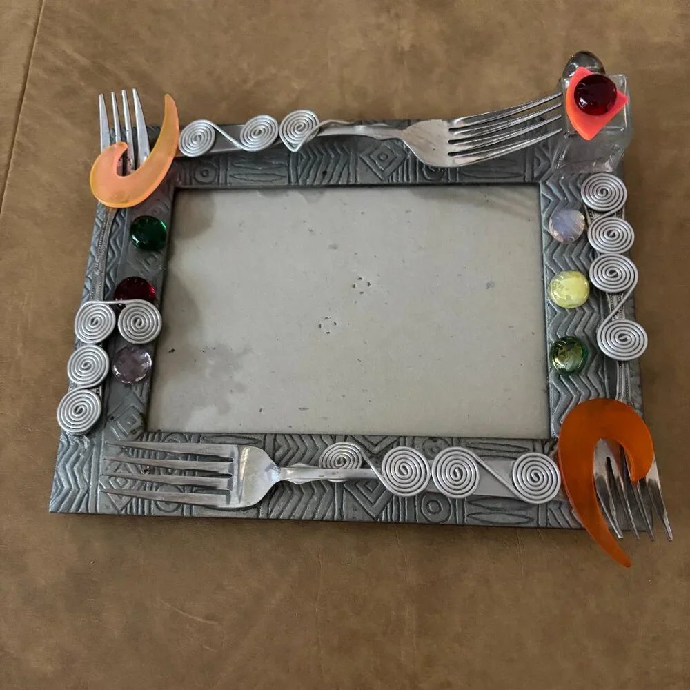 Picture Frame with Jewels and Kitchen Forks attached